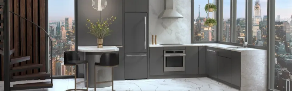 luxury jennair appliances seemlessly integrated into an ultra modern luxury kitchen in a high rise apartment